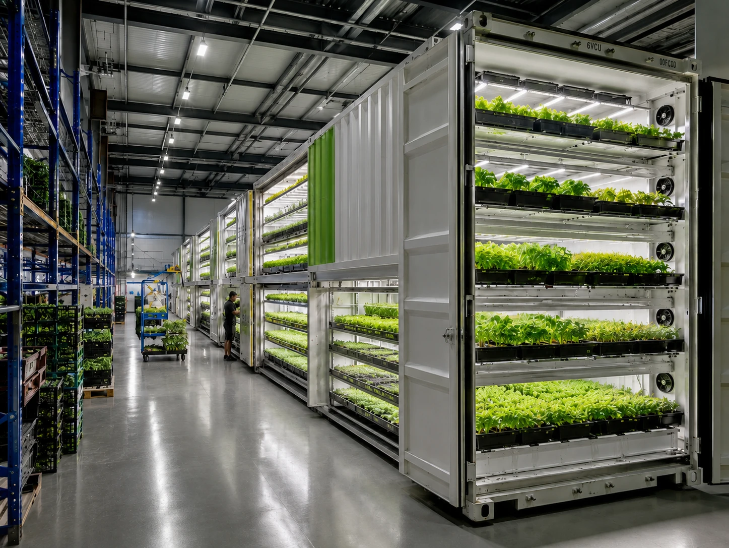 Vertikale Indoor-Farming-Anlage mit Blattgemüse und digitaler Prozesssteuerung